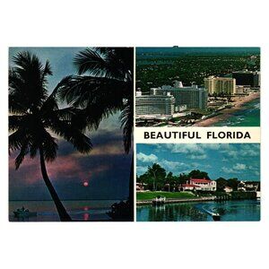 Vintage Postcard Montage Florida Tropical Sunset Oceanfront Hotels Canal Homes